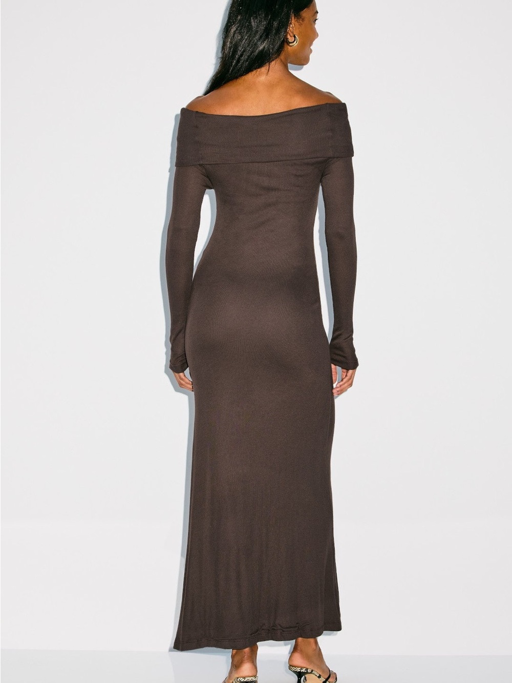 Off-Shoulder Long Sleeve Maxi Dress in Dark Brown - Picture 3 of 9
